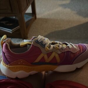 Dynamic Pink and Yellow Athletic Shoes with Breathable Design